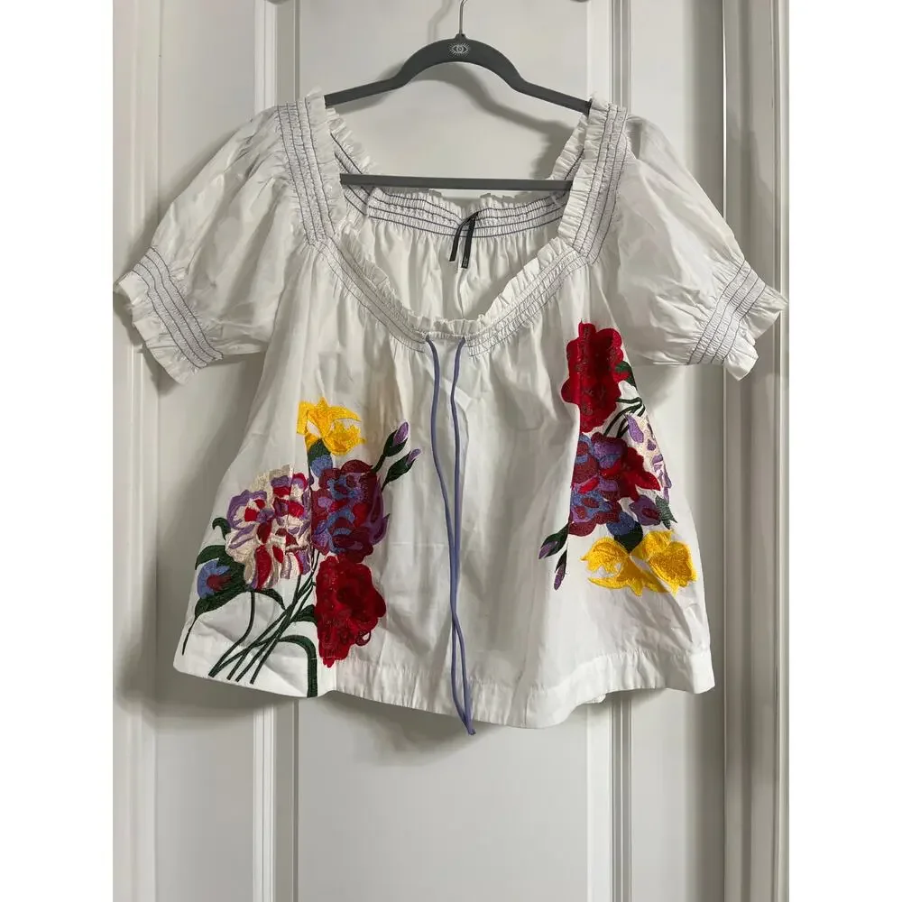 By Anthropologie Puff-Sleeve Tie-Front Embroidered Blouse | Size M